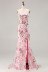 Sparkly Floral Pink Mermaid Beaded Long Corset Prom Dress with Slit