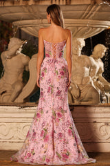 Sparkly Floral Pink Mermaid Beaded Long Corset Prom Dress with Slit
