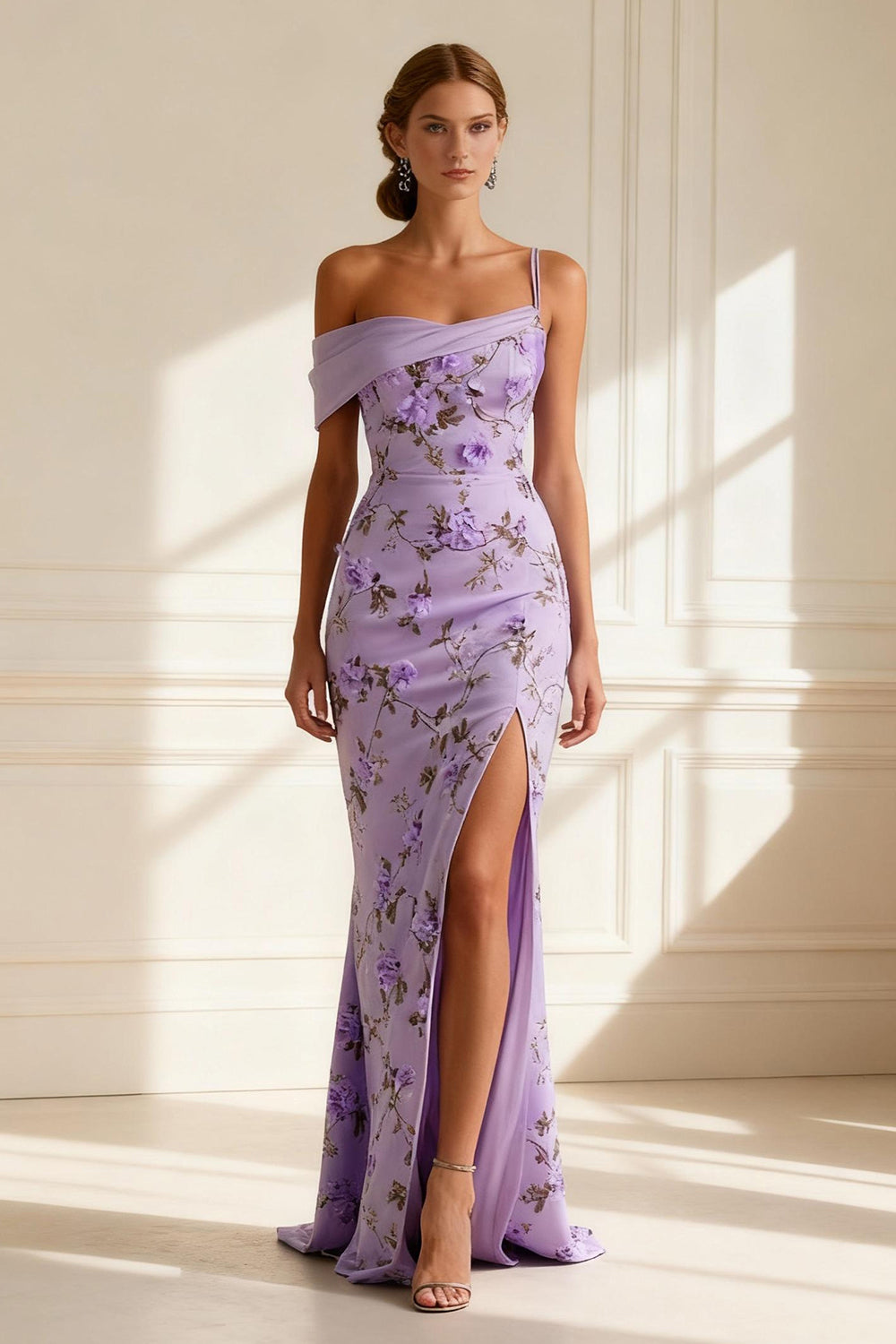 Floral Purple Mermaid Spaghetti Straps Long Prom Dress with Slit