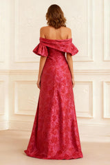 Rust Jacquard Sheath Off the Shoulder Long Prom Dress with Slit