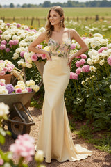Champagne Spaghetti Straps Floral Mermaid Long Prom Dress