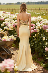 Champagne Spaghetti Straps Floral Mermaid Long Prom Dress