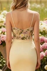 Champagne Spaghetti Straps Floral Mermaid Long Prom Dress