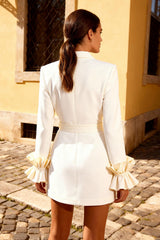 White Ruffled Short Blazer Wedding Dress with Belt