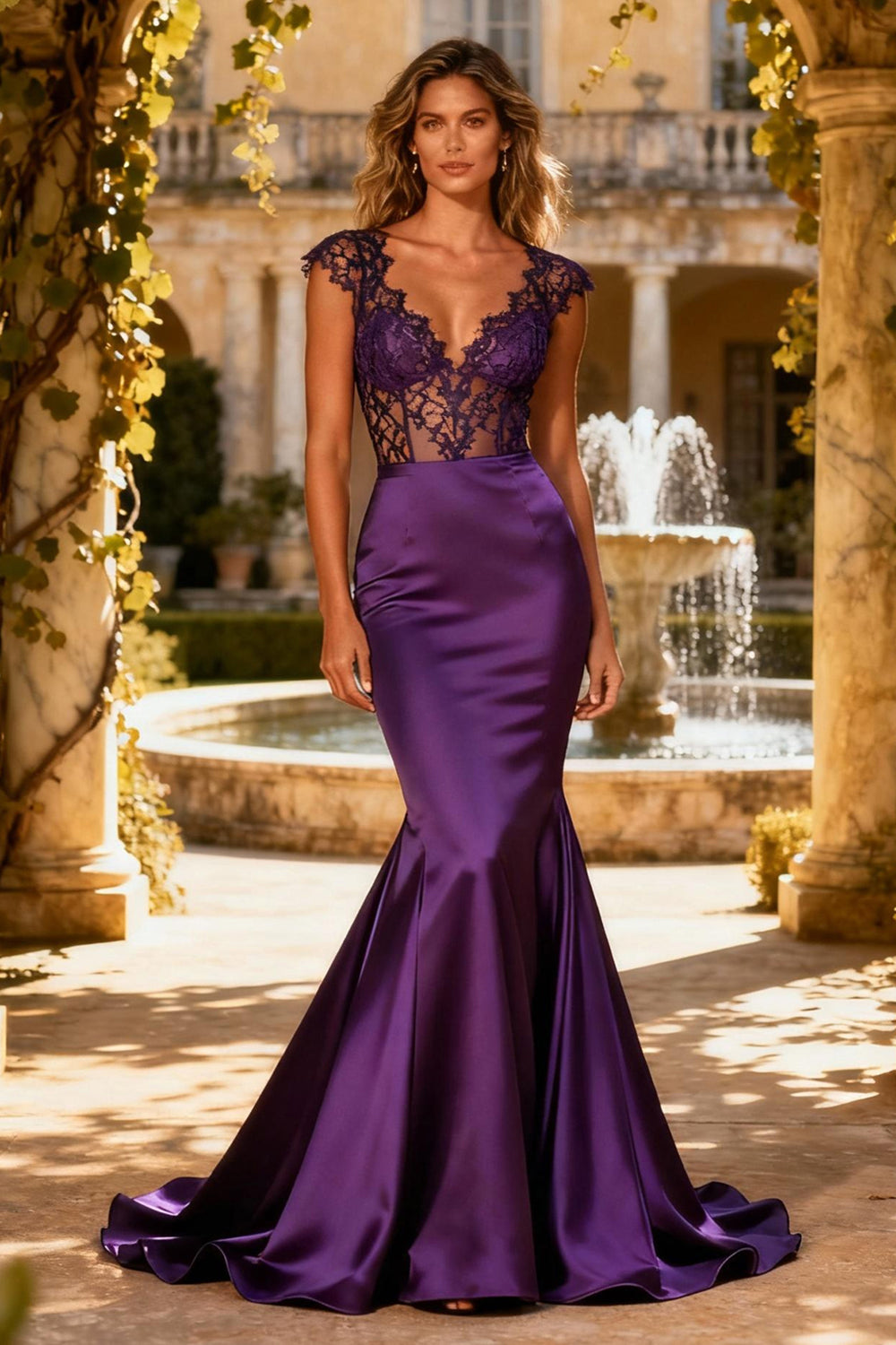 Purple V Neck Mermaid Corset Long Prom Dress