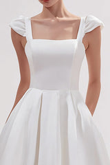 White Satin Square Neck A Line Long Wedding Reception Dress
