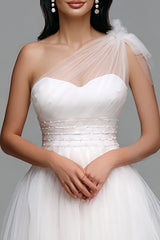 White One Shoulder Tulle A Line High Low Engagement Dress
