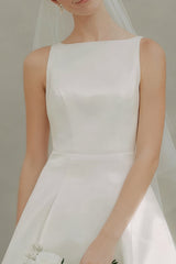 White A Line Satin Bateau Neck Short Wedding Dress