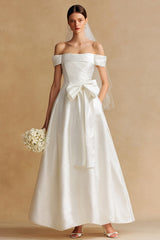 White Off the Shoulder Satin Long Wedding Dress with Bow