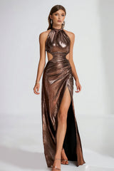 Sparkly Coffee Halter Cut Out Long Formal Dress with Slit