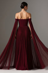Burgundy Chiffon Off the Shoulder Pleated Long Formal Dress with Cape