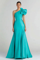 Jade Satin One Shoulder Mermaid Long Formal Dress with Bow