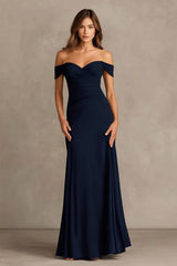 Navy Sheath Off the Shoulder Long Formal Dress