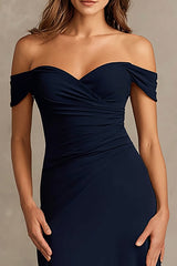 Navy Sheath Off the Shoulder Long Formal Dress