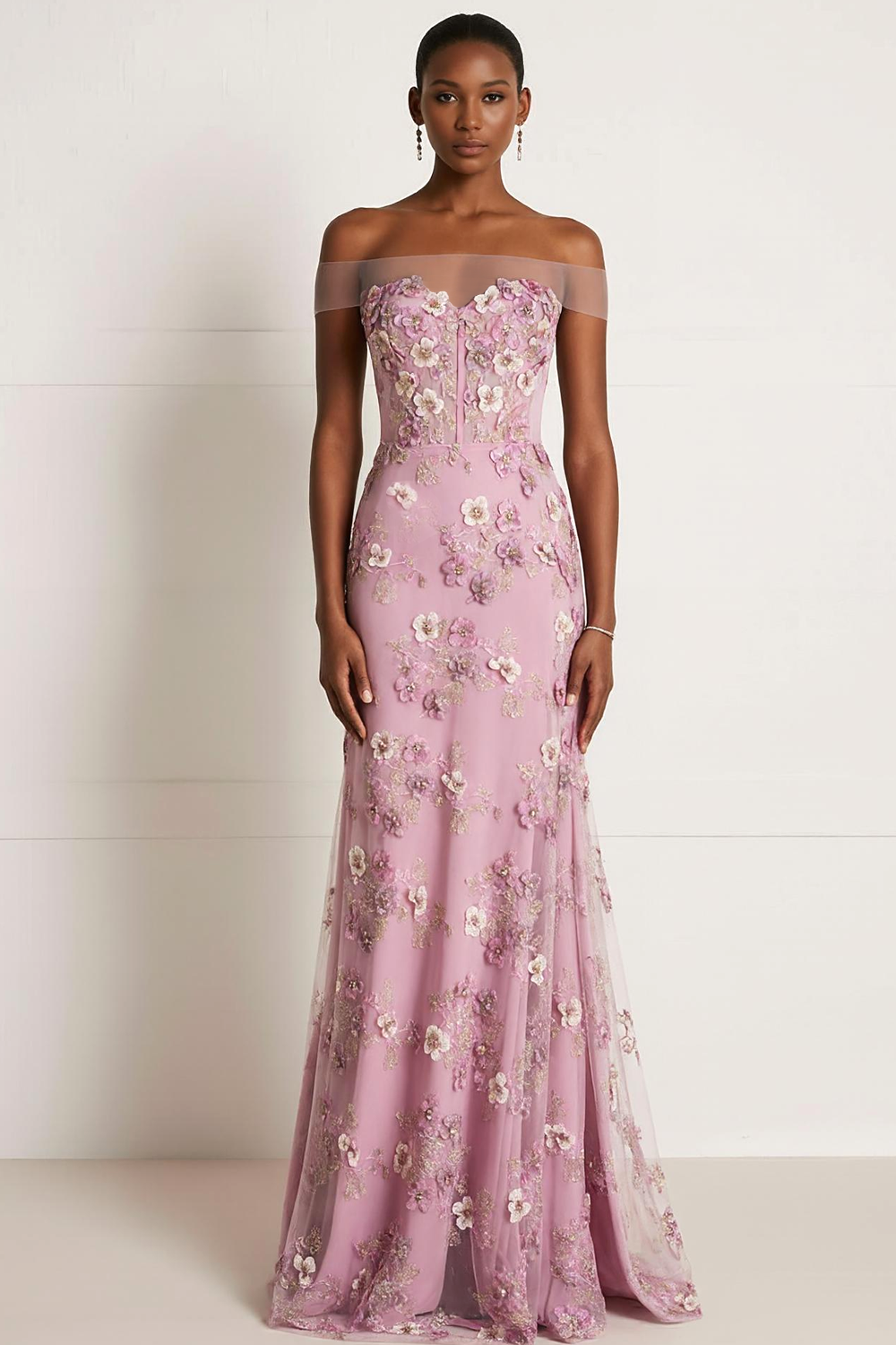 Pink Floral Appliqued Off the Shoulder Mermaid Long Prom Dress