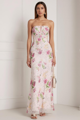 Sparkly Pink Floral Beaded Strapless Mermaid Long Prom Dress with Keyhole