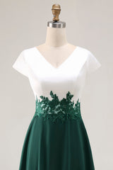 White Green V-Neck Appliqued Long Mother of the Bride Dress with Sleeves