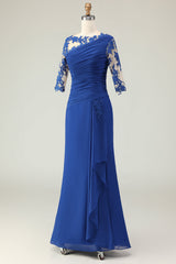 Royal Blue Ruffled Mermaid Long Mother of the Bride Dress with Sleeves