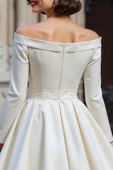 White A Line Off the Shoulder Short Wedding Dress with Bow