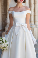 White Off the Shoulder Satin Midi Wedding Dress with Bow