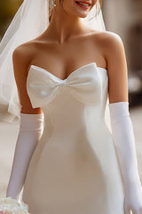 White Strapless Bodycon Satin Short Corset Wedding Dress with Bow