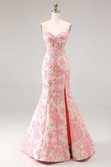 Floral Ivory and Pink Mermaid Jacquard Sweetheart Long Corset Prom Dress with Slit