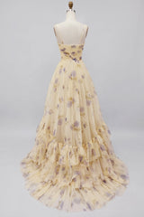 Yellow Flower A-Line Long Prom Dress with Ruffles