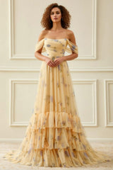 Yellow Flower Tiered Long Prom Dress with Ruffles