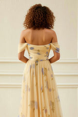 Yellow Flower Tiered Long Prom Dress with Ruffles
