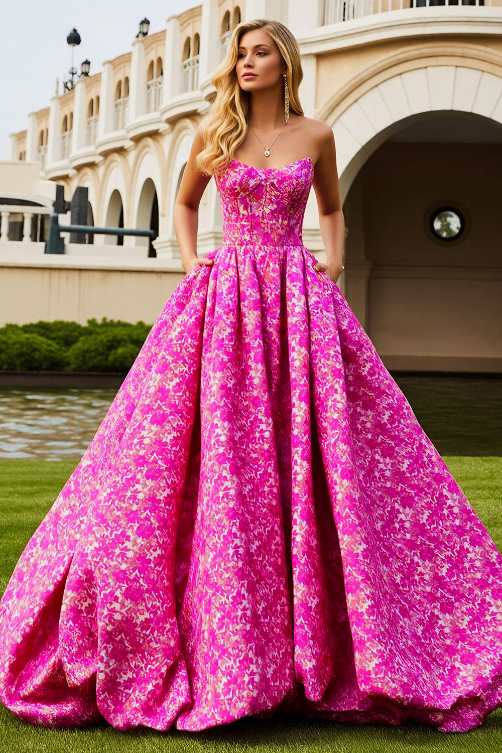 Fuchsia Flower A Line Long Corset  Prom Dress