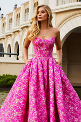 Fuchsia Flower A Line Long Corset  Prom Dress