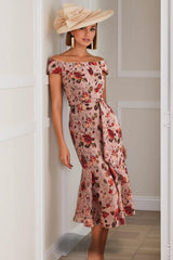 Dusty Rose Floral Off the Shoulder Midi Mermaid Mother of the Bride Dress