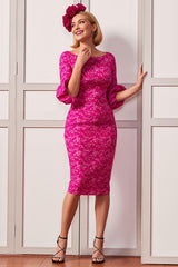 Fuchsia Floral Boat Neck Bodycon Midi Mother of the Bride Dress with Sleeves