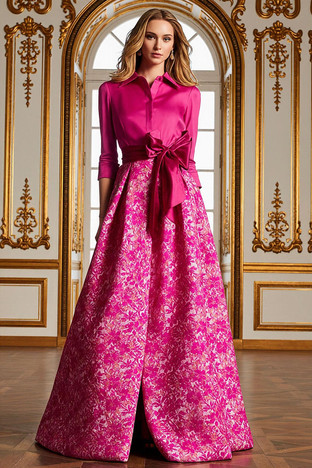 Fuchsia Floral Lapel Neck Long A Line Satin Mother of the Bride Dress with Slit