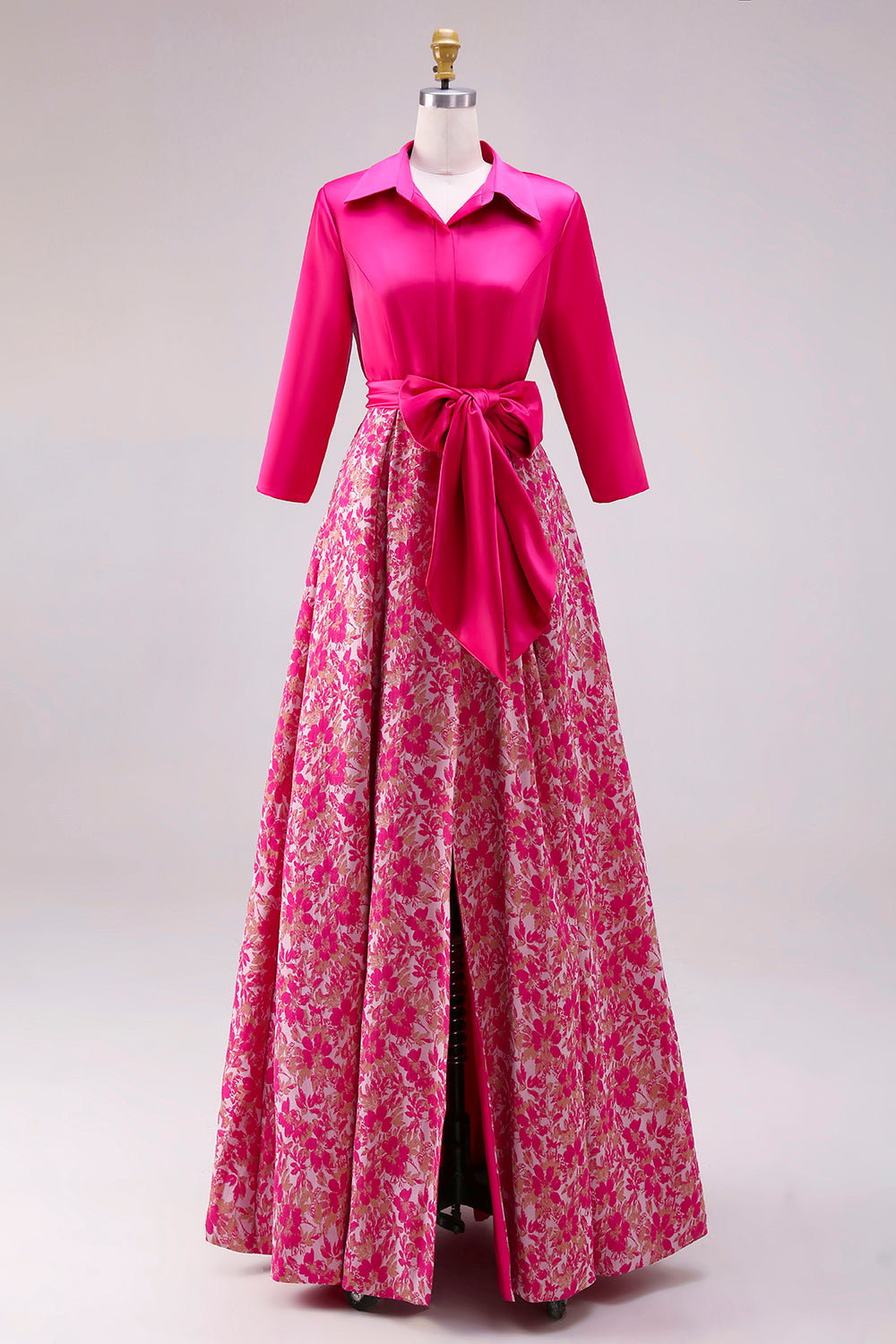 Floral Fuchsia Lapel Neck A Line Satin Long Mother of the Bride Dress with Slit