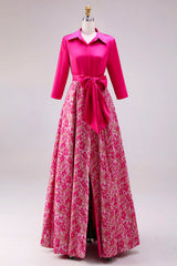 Fuchsia Floral Lapel Neck Long A Line Satin Mother of the Bride Dress with Slit