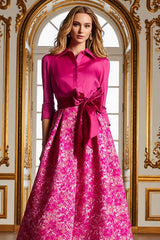 Fuchsia Floral Lapel Neck Long A Line Satin Mother of the Bride Dress with Slit