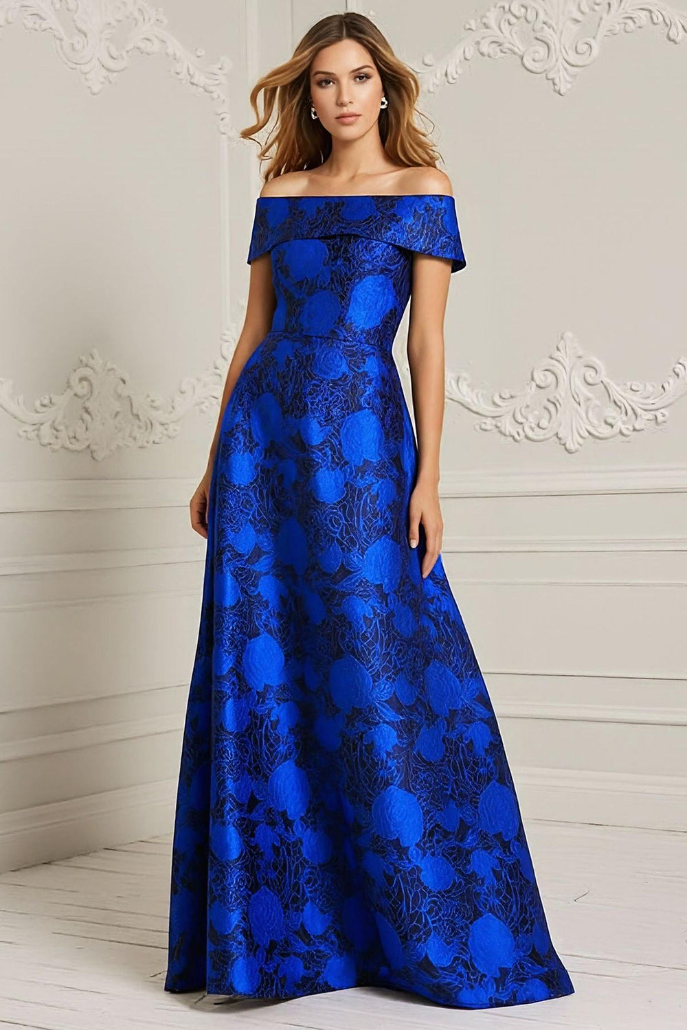 Royal Blue Floral Off the Shoulder Long Mother of the Bride Dress