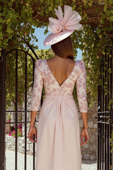 Floral Dusty Rose Ruched V-Neck Midi Mother of the Bride Dress