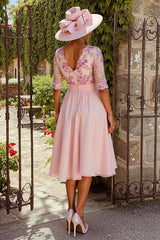 Floral Dusty Rose A Line Midi Mother of the Bride Dress with Sleeves