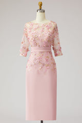 Floral Dusty Rose Boat Neck Midi Mother of the Bride Dress with Sleeves