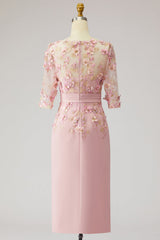 Floral Dusty Rose Boat Neck Midi Mother of the Bride Dress with Sleeves