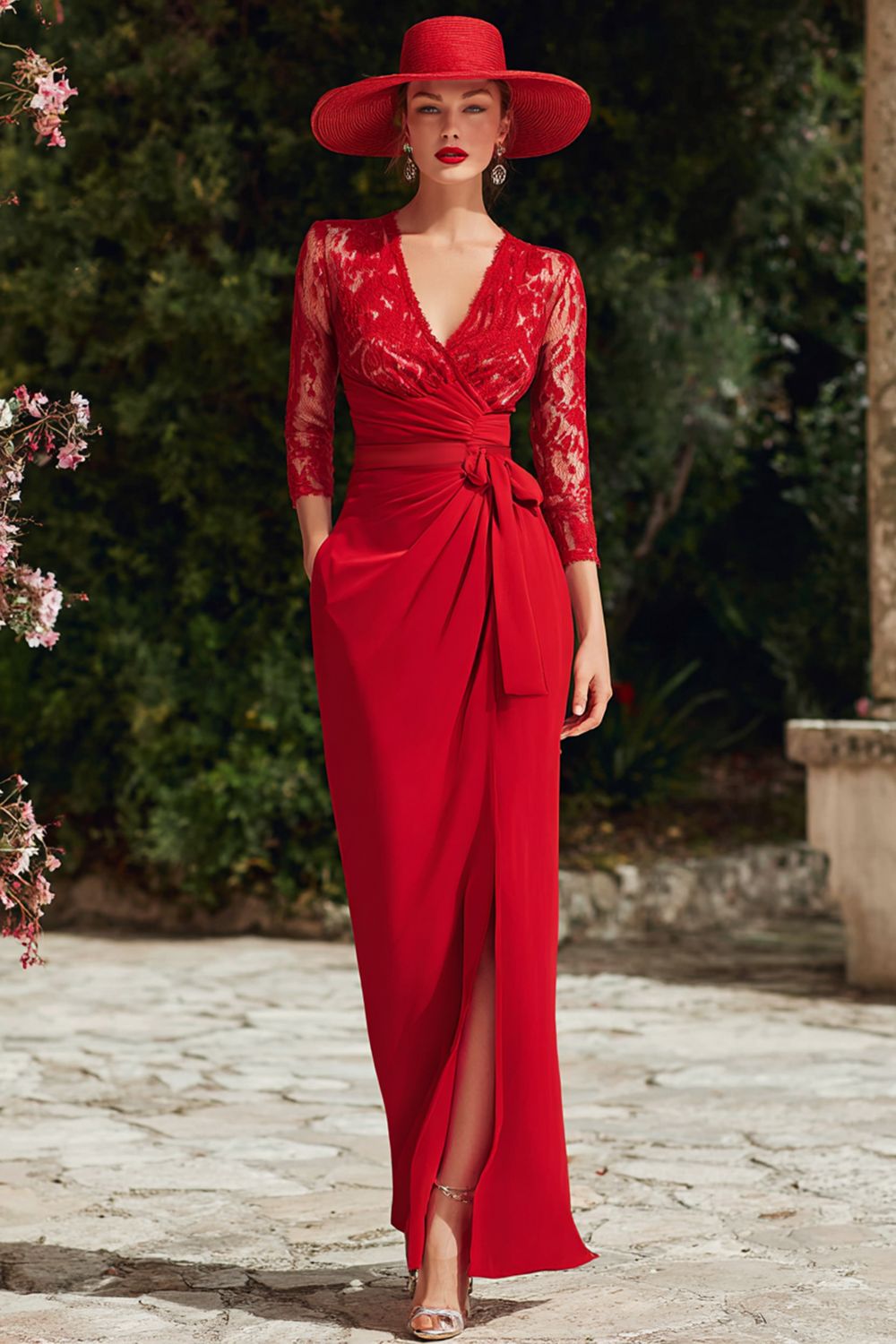 Red V-Neck Lace Mermaid Long Mother of the Bride Dress with Slit