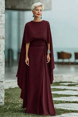 Black Round Neck Ruched Long Mother of the Bride Dress with Cape