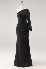 Black One Shoulder Mermaid Long Sleeves Mother of the Bride Dress with Lace