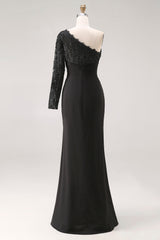 Black One Shoulder Mermaid Long Sleeves Mother of the Bride Dress with Lace
