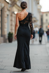 Black One Shoulder Mermaid Long Sleeves Mother of the Bride Dress with Lace