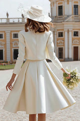 Ivory 2 Piece Satin Boat Neck Midi Wedding Dress with Jacket