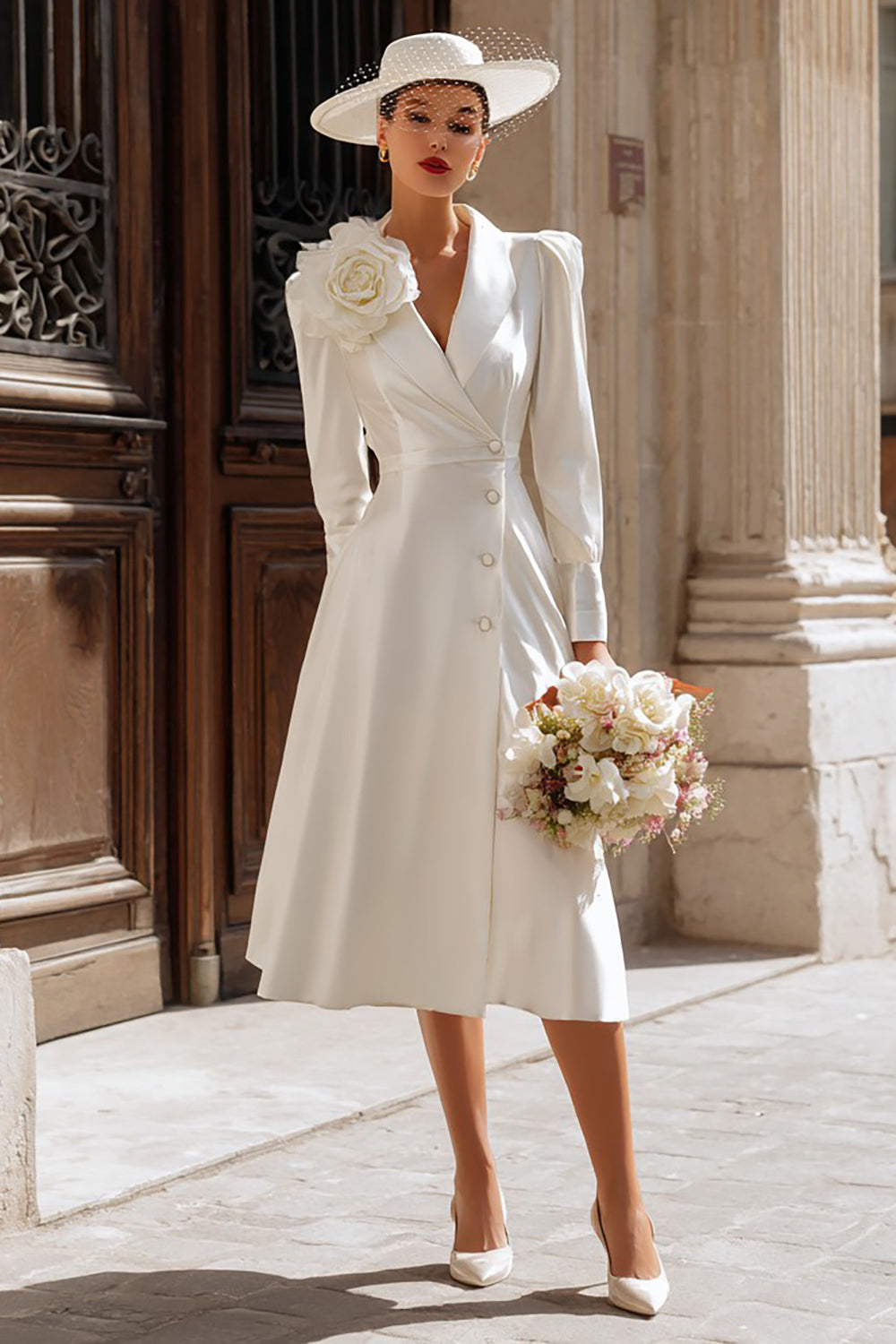 Ivory Single Breasted Shawl Lapel Midi Blazer Wedding Dress