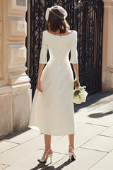 Ivory Satin A Line Bateau Neck Midi Wedding Dress
